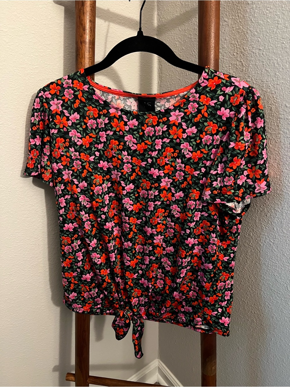 W5 Black Crop Top with Pink & Red Floral Print
